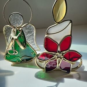 Studio Nova Stained Glass Green and Red Angel Poinsettia Votive Set